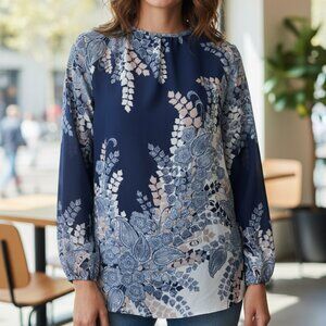 Charter Club Woman Blue & White Floral Print Tunic Peep hole Closure Sz 3X